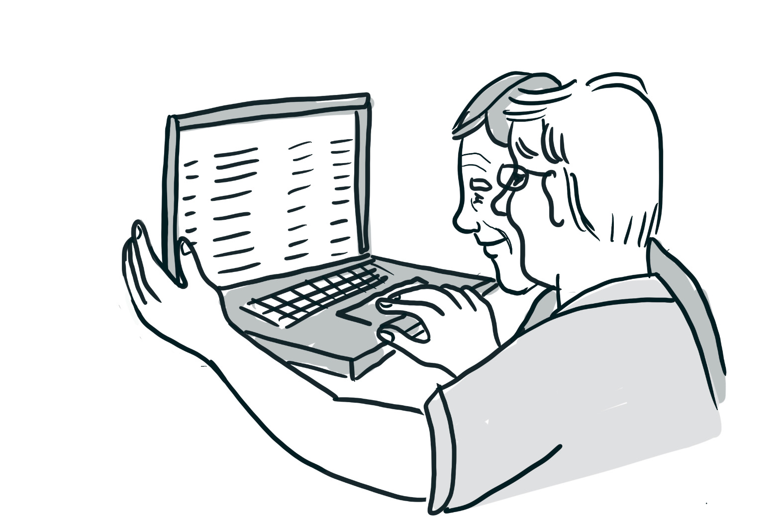 a drawing of two happy elderly white men using a laptop computer